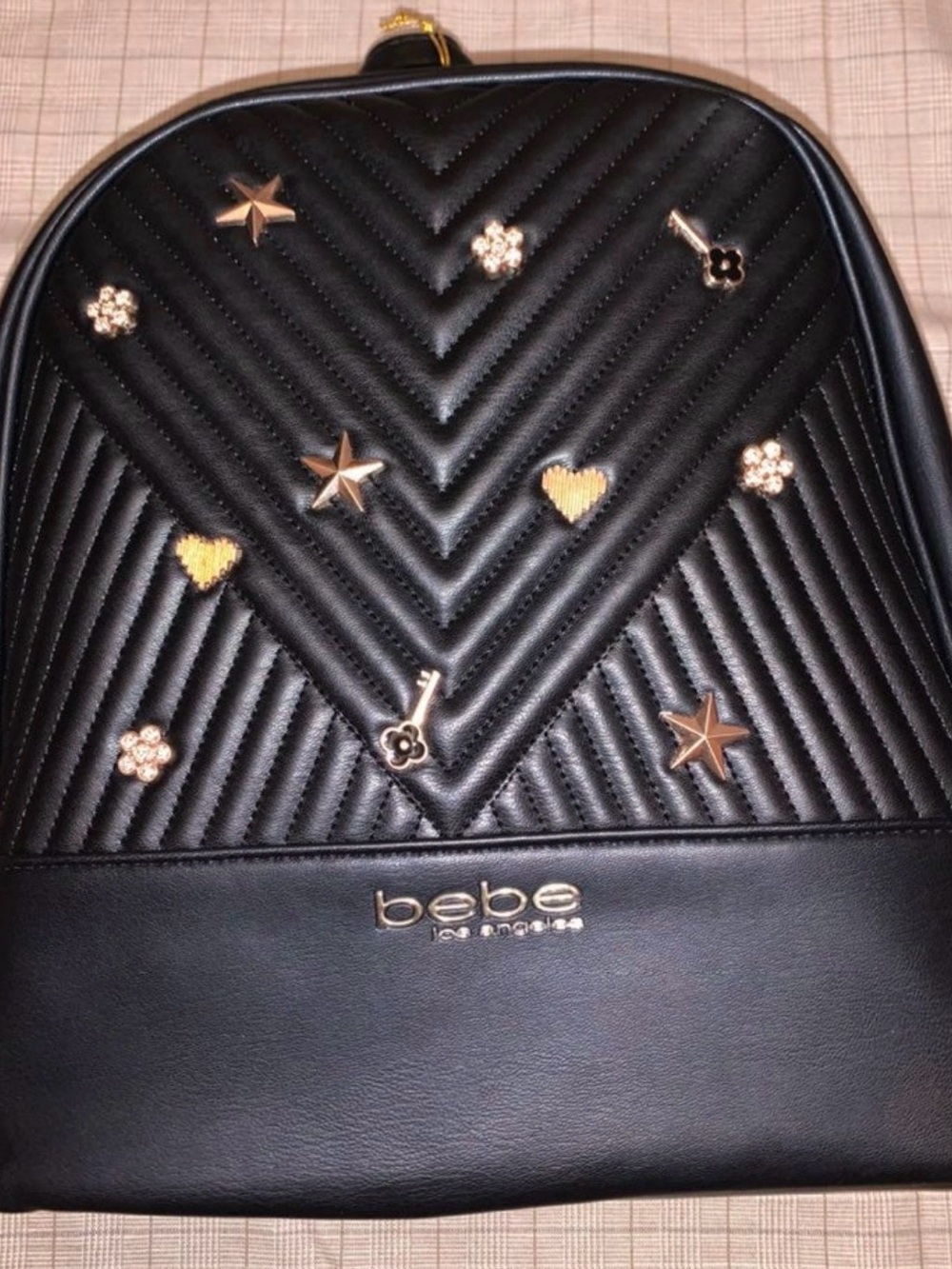 bebe Black Quilted Mini Backpack with Gold Embellishments